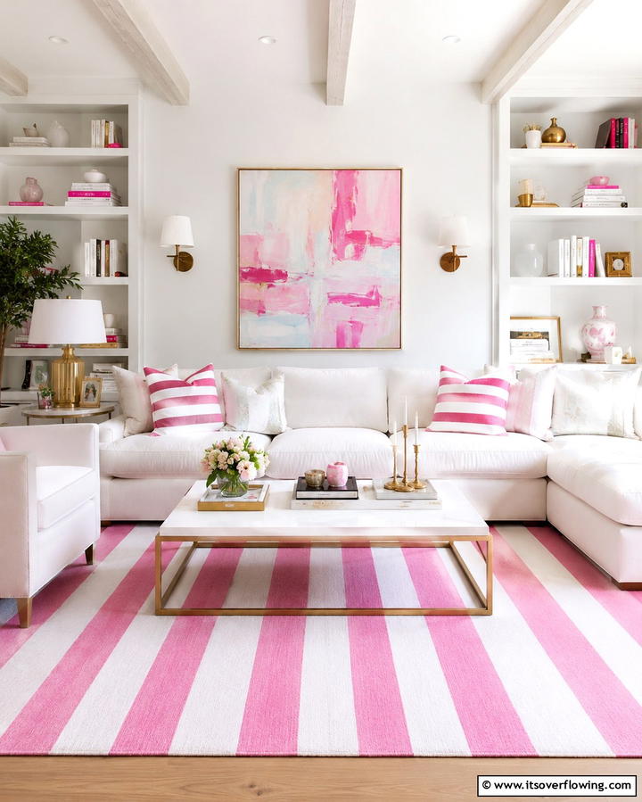Pink and White Stripes for a Playful Contrast - 30 Pink Living Room Ideas for Soft and Inviting Spaces