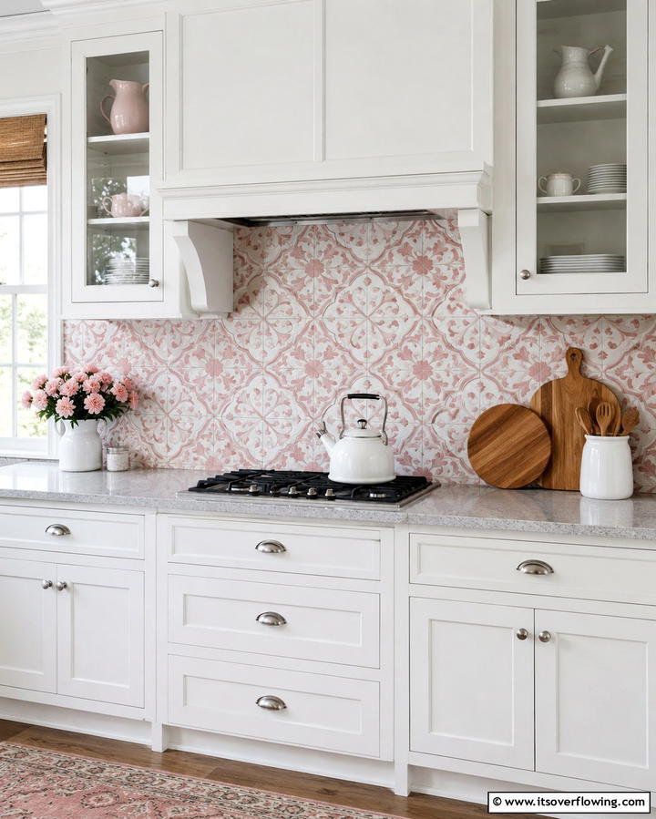 Pink and White Tile Backsplash - 30 Pink Kitchen Ideas to Refresh Your Cooking Space