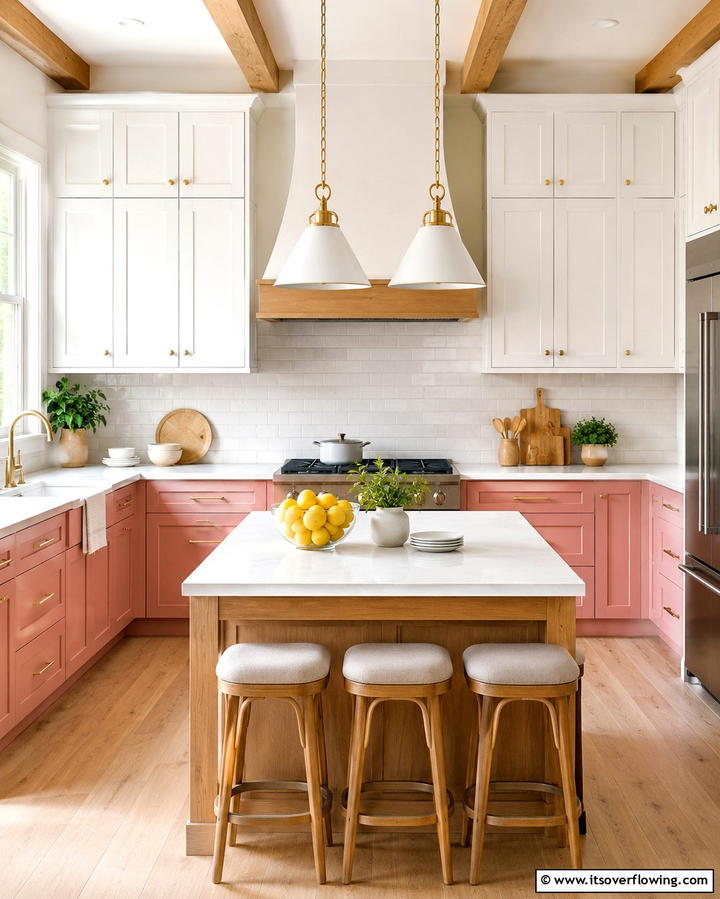 Pink and White Two Tone Cabinets - 30 Pink Kitchen Ideas to Refresh Your Cooking Space