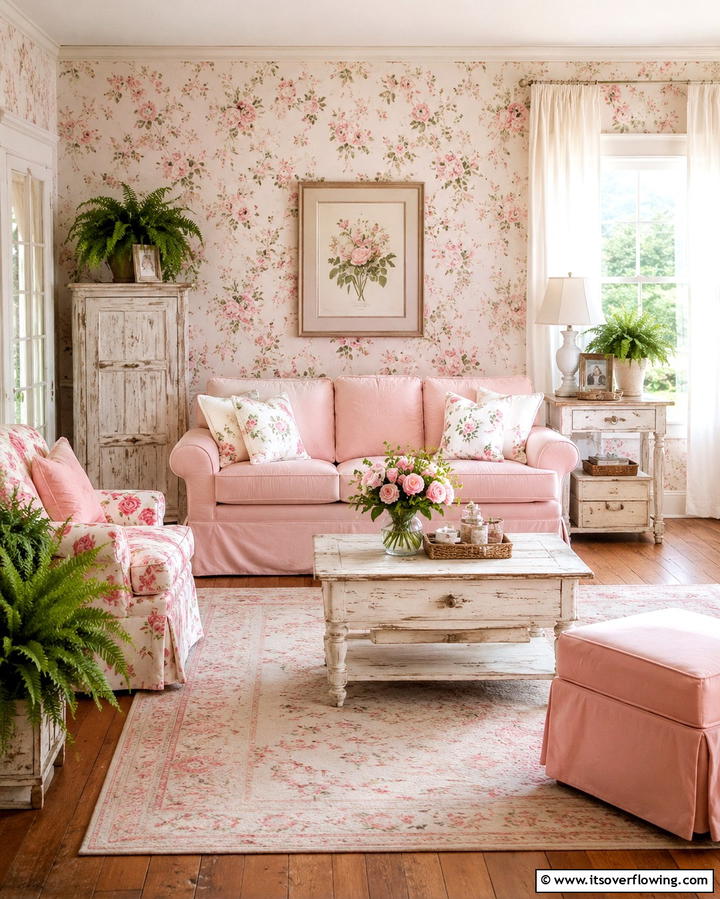 Pink with Floral Patterns - 30 Pink Living Room Ideas for Soft and Inviting Spaces