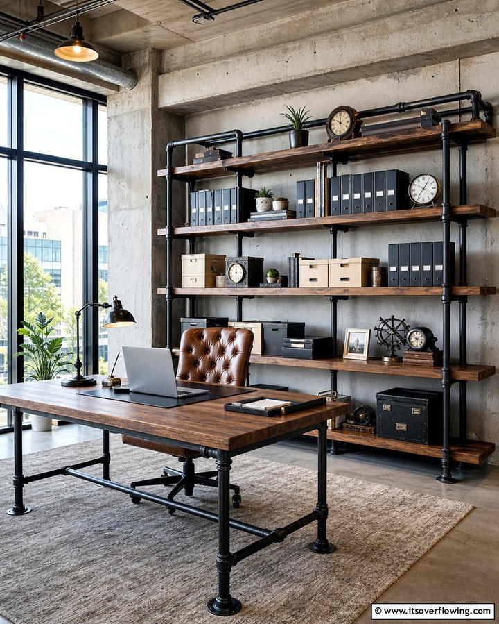 Pipe Shelving for Industrial Charm - 25 Office Shelving Ideas to Maximize Storage and Style