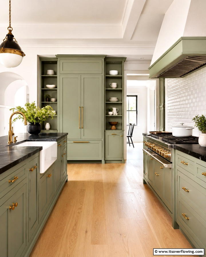 Pistachio Green Cabinets with Black Soapstone Counters - 30 Green Kitchen Cabinets & Black Countertops Pairing Ideas
