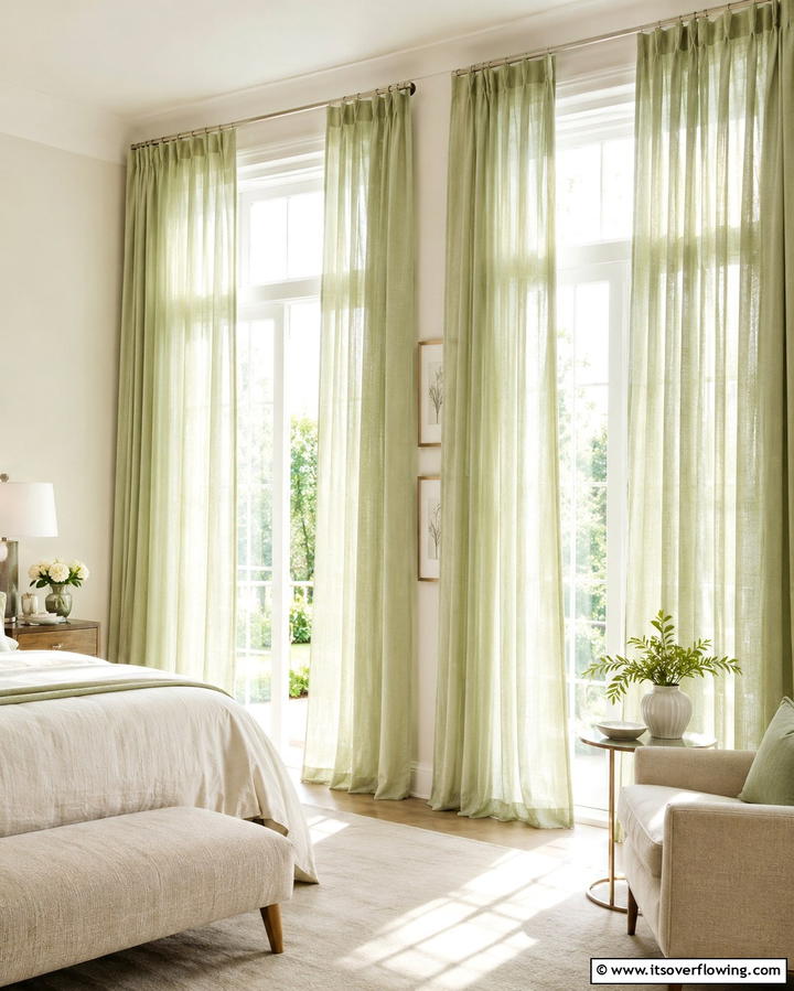 Pistachio Green Curtains for Subtle Elegance - 30 Green Bedroom Decor Ideas for Calming Retreats