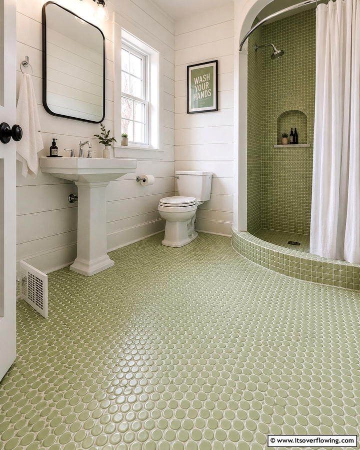 Pistachio Green Penny Tiles - 30 Green Bathroom Tile Design Ideas for a Refreshing Oasis