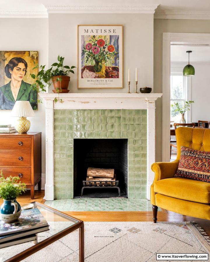 Pistachio Green Tiles - 25 Green Fireplace Ideas for a Cozy and Eco-Friendly Home