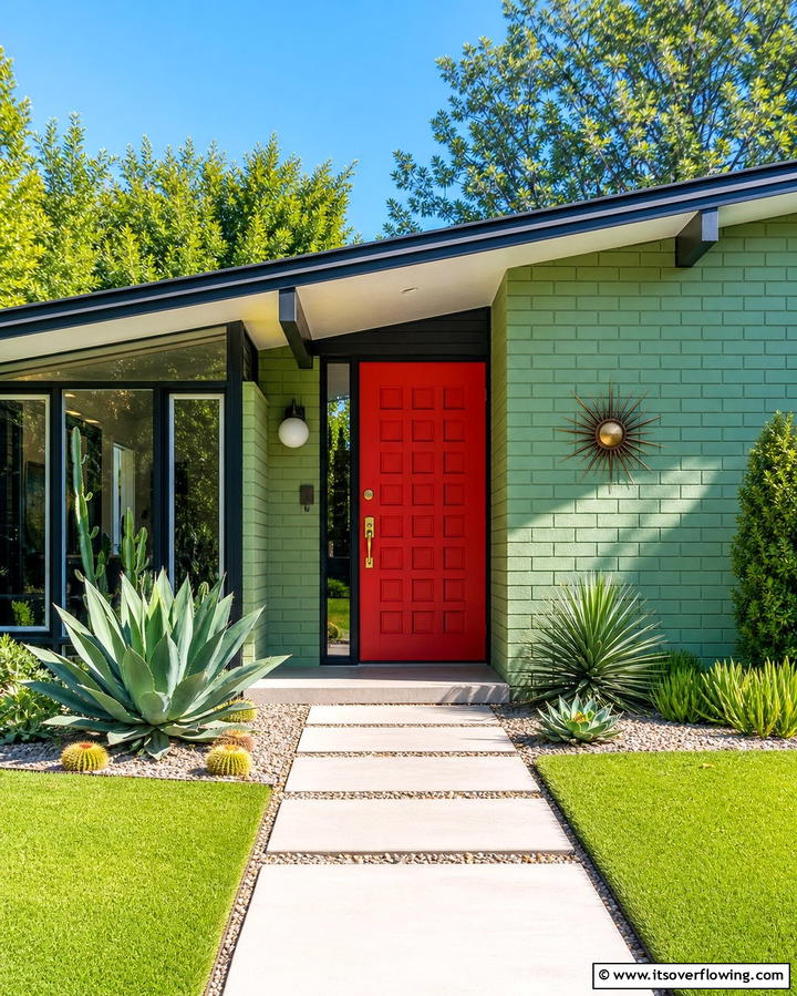 Pistachio Green with Bold Red Door - 30 Green Brick Exterior Home Design Ideas for Modern Houses
