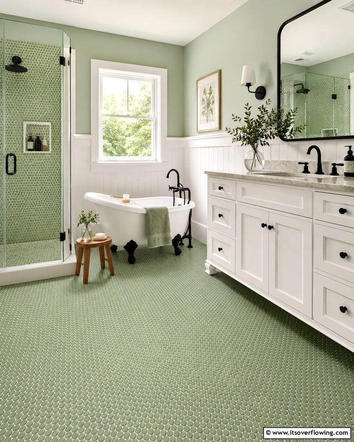 Pistachio Penny Tiles - 30 Green Bathroom Tile Design Ideas for a Refreshing Oasis