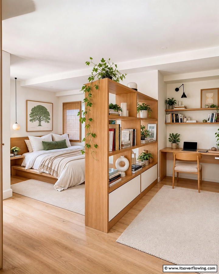 Place a Low Bookshelf as a Room Divider - 20 L-shaped Bedroom Layout Ideas for Optimal Space Use