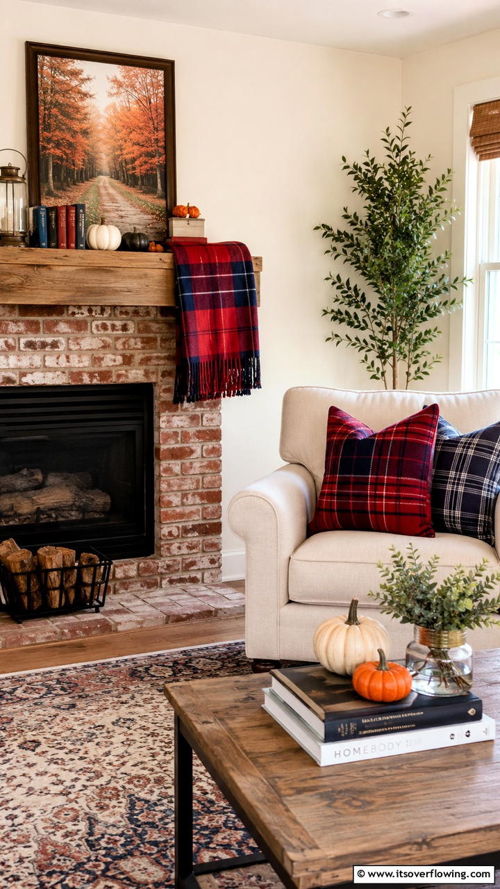 Plaid Accent Throw - 30 Fall Mantel Decor Ideas for Seasonal Coziness