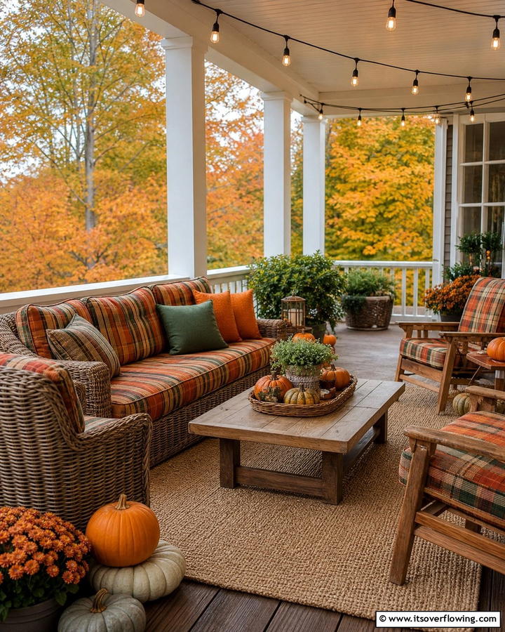 Plaid Outdoor Cushions - 21 Fall Porch Decor Ideas for a Warm Autumn Welcome