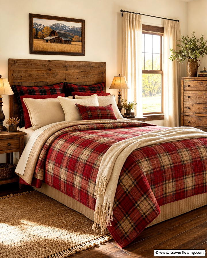 Plaid Patterns for Bedding - 25 Country Bedroom Ideas- Cozy & Rustic Designs