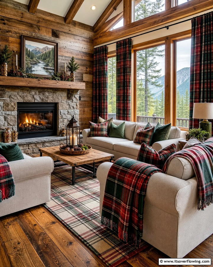 Plaid Patterns for Soft Furnishings - 20 Cabin Living Room Ideas for Cozy Comfort