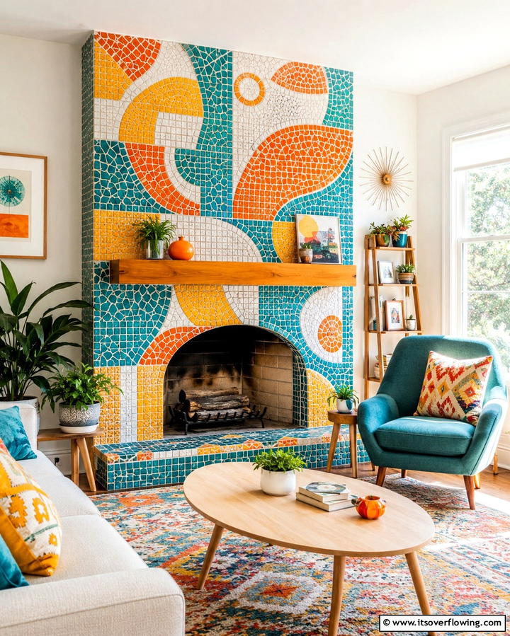 Playful Multi Color Mosaic - 30 Fireplace Paint Color Ideas for a Fresh Update