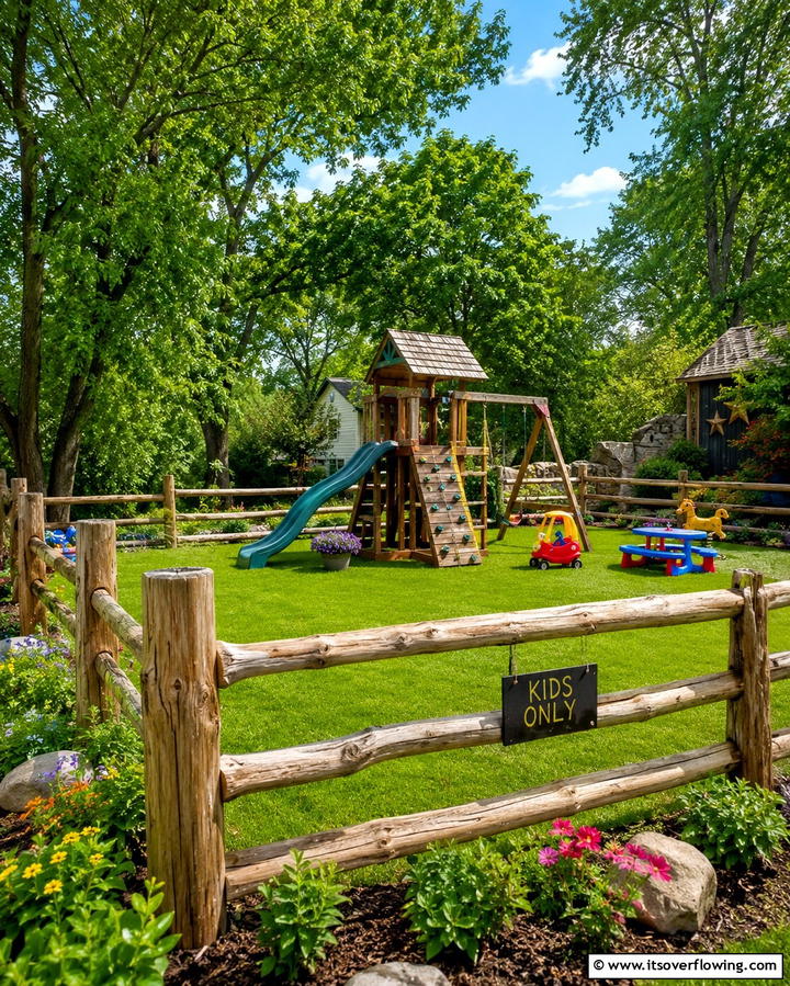 Playful Outdoor Play Area Border - 30 Split Rail Fence Ideas for Rustic Outdoor Boundaries