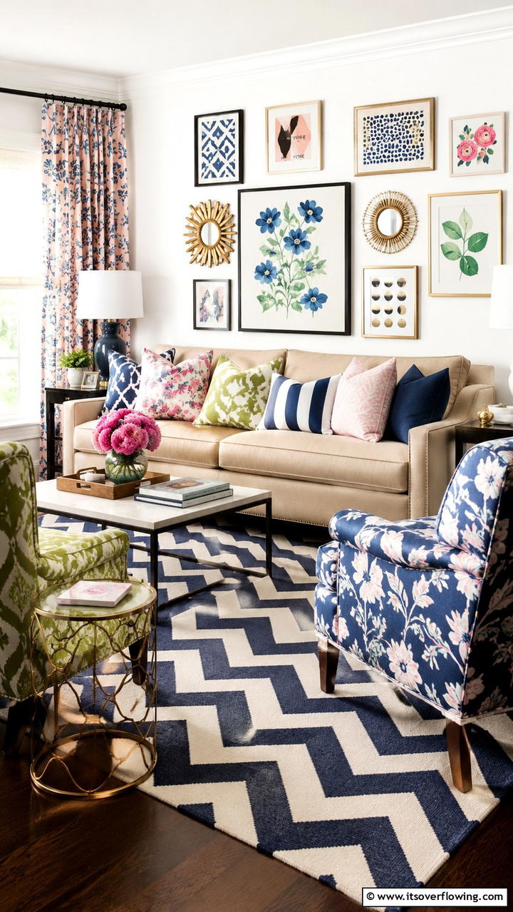 Playful Pattern Mixing - 30 Beige Couch Living Room Ideas for Neutral Elegance
