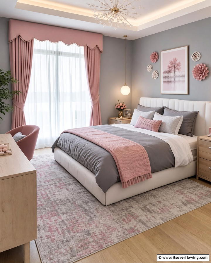 Playful Pink Accents - 30 Curtain Color Ideas Perfectly Paired With Gray Walls
