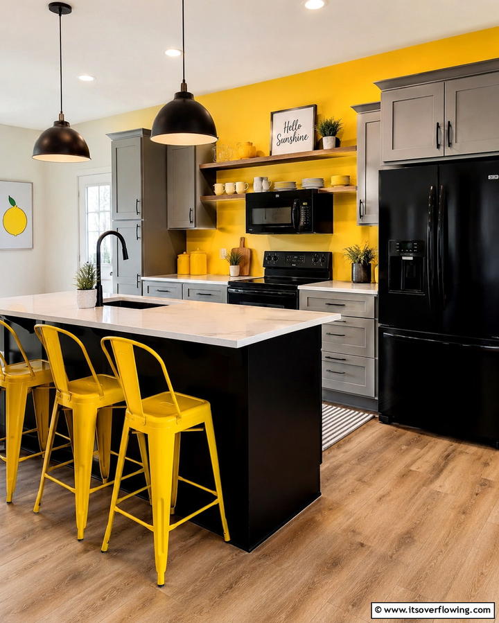 Playful Pop with Bright Yellow Accents - 25 Kitchen With Black Appliances for a Sleek and Modern Look