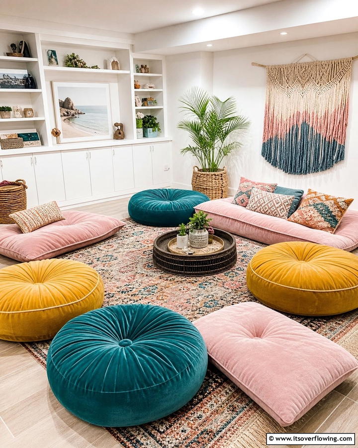 Plush Basement Poufs and Floor Cushions - 30 Basement Furniture Ideas for Functional Living Spaces