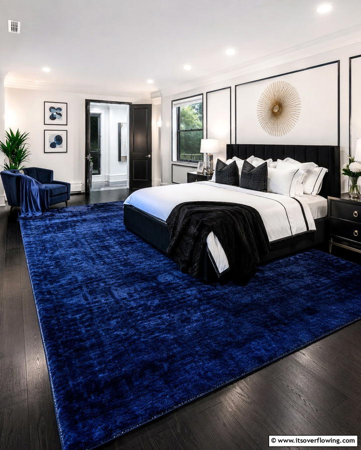 Plush Blue Rug on Dark Floors - 25 Black and Blue Bedroom Ideas for a Bold Statement