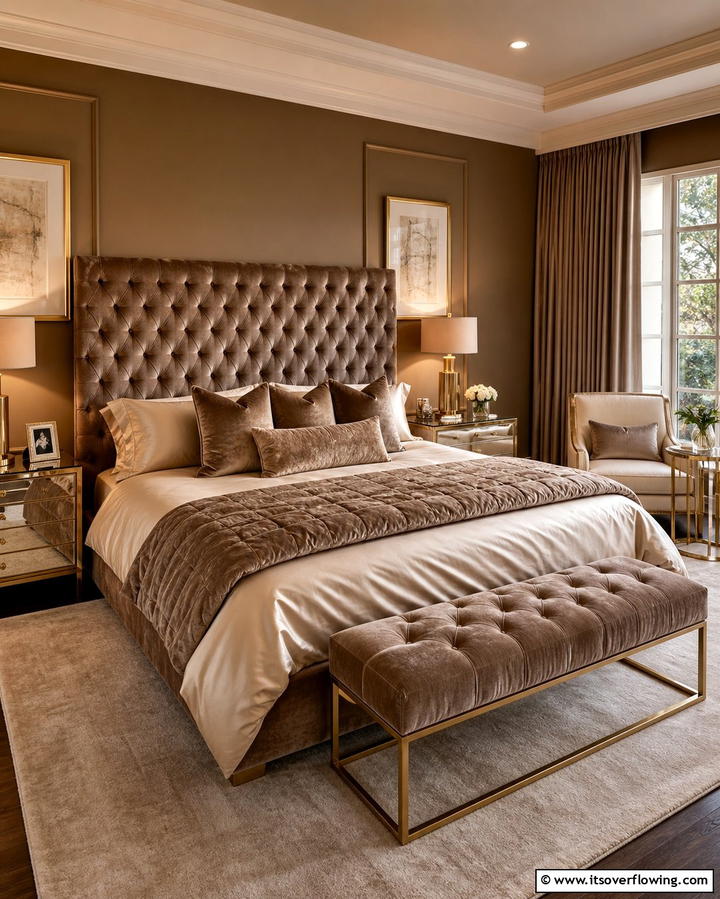 Plush Comfort with Velvet Accents - 25 Tan Bedroom Ideas for a Warm and Cozy Space