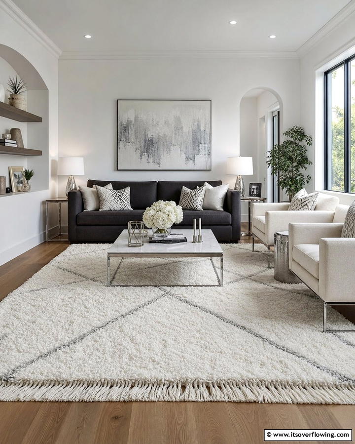 Plush Grey and White Area Rug - 25 Grey and White Living Room Ideas for Modern Homes