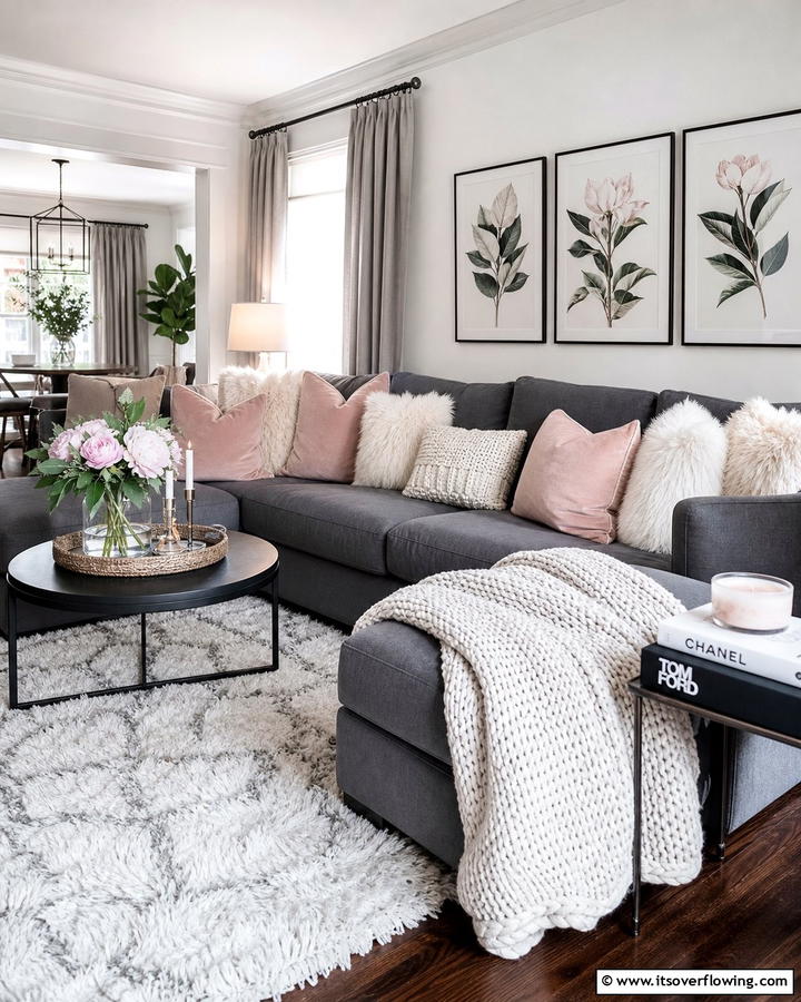 Plush Textural Layers - 21 Dark Grey Couch Living Room Styling Ideas
