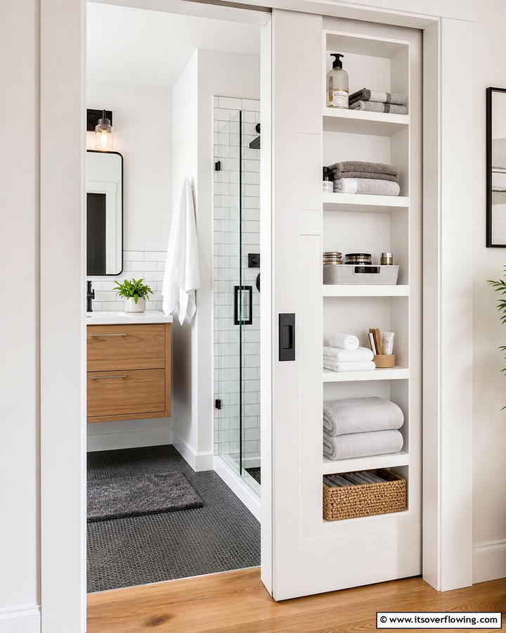 Pocket Door with Built In Shelves for Extra Storage - 20 Bathroom Pocket Door Ideas for Modern Homes