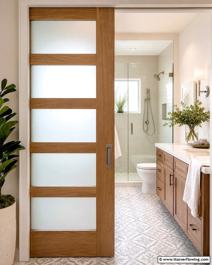 Pocket Door with Frosted Panels for a Balanced Design - 20 Bathroom Pocket Door Ideas for Modern Homes