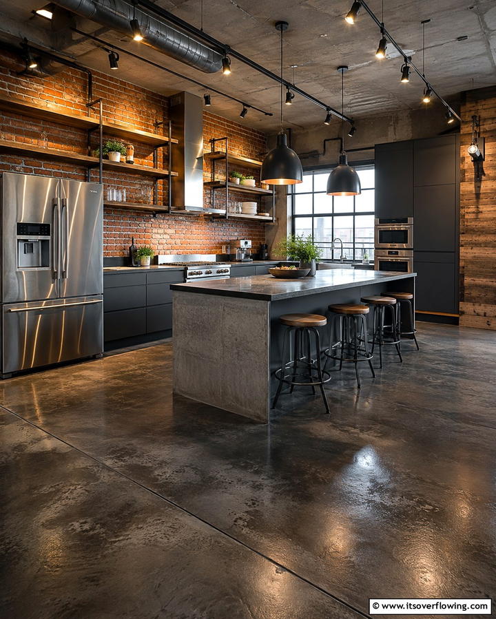Polished Black Concrete for an Industrial Edge - 25 Black Kitchen Floor Ideas for a Sleek and Stylish Space