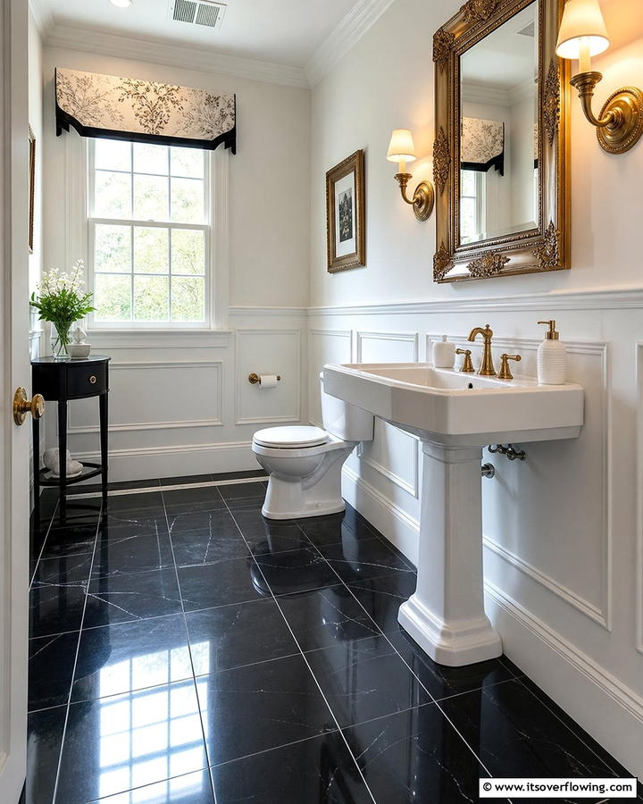 Polished Black Floors with White Wainscoting - 20 Black Floor Bathroom With White Walls Ideas for Contrast