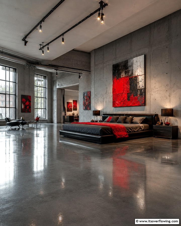 Polished Concrete Modernity - 30 Bedroom Flooring Ideas to Elevate Comfort and Style