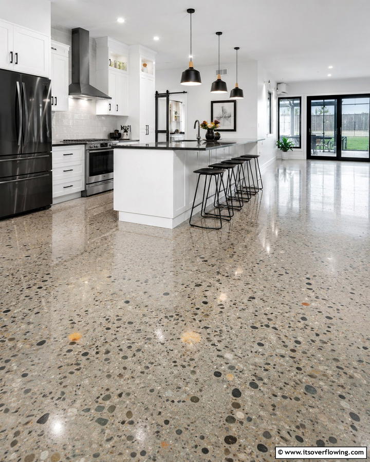 Polished Concrete with Embedded Stones - 25 Innovative Concrete Floor Design Ideas for Homes