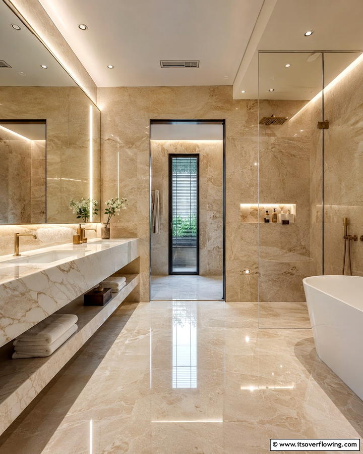 Polished Finish for Luxury - 25 Travertine Tile Bathroom Ideas for Natural Beauty