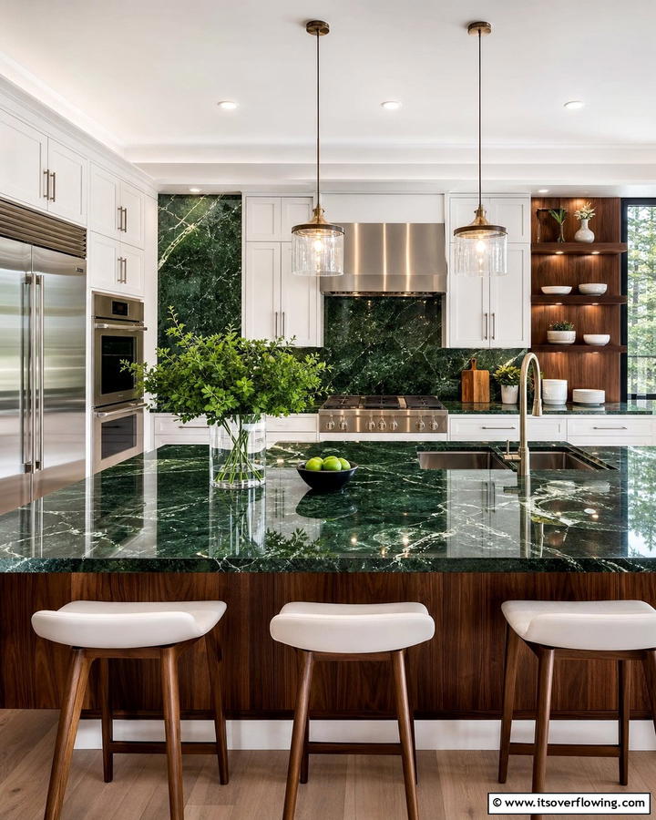 Polished Green Marble for a Glossy Look - 20 Green Marble Countertop Design Ideas for Kitchens