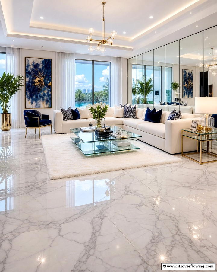 Polished Marble for a Glossy Finish - 25 Marble Floor Living Room Ideas for a Luxurious Space