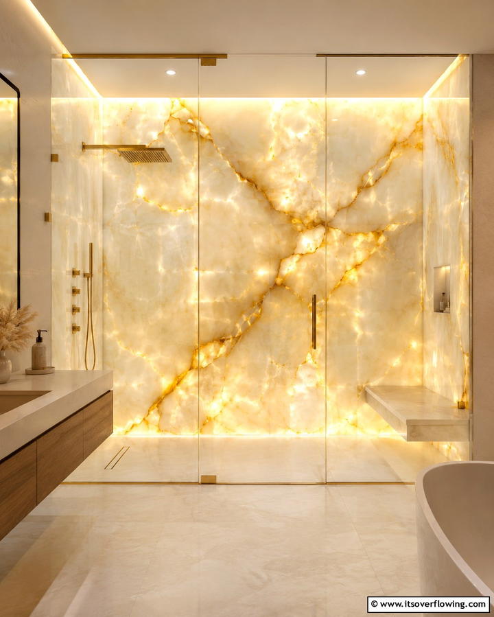 Polished Onyx Shower Walls - 20 Stone Shower Design Ideas for a Spa-like Bathroom