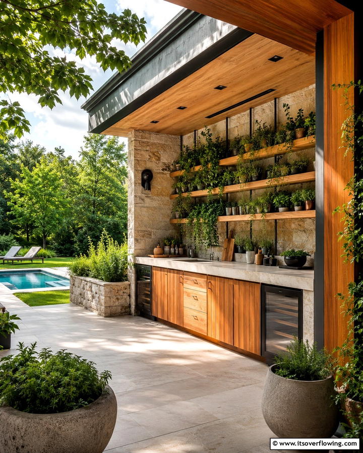 Pool House Kitchen with Garden Integration - 30 Pool House with Outdoor Kitchen Designs for Entertaining