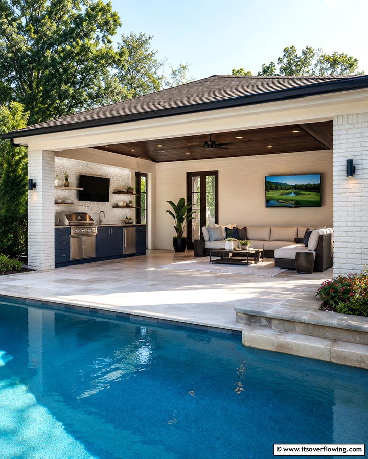 Pool House with Dual Purpose Kitchen and Lounge - 30 Pool House with Outdoor Kitchen Designs for Entertaining