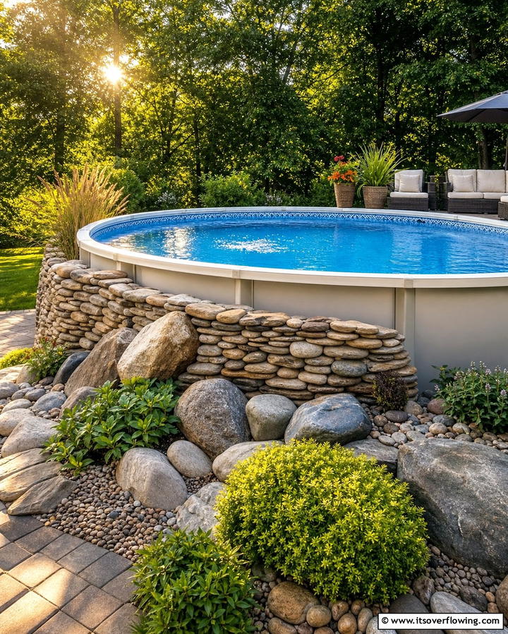 Pool with a Partial Stone Wall - 25 Creative Above Ground Pool Ideas for Your Backyard