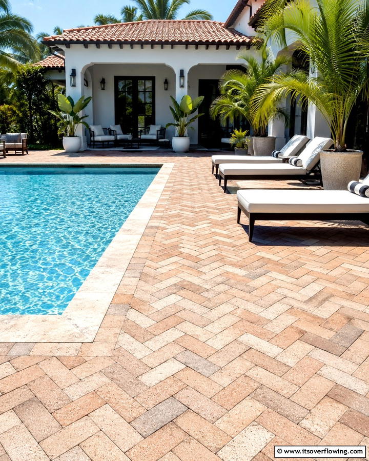 Poolside Herringbone Elegance - 25 Herringbone Brick Patio Designs for a Classic Look