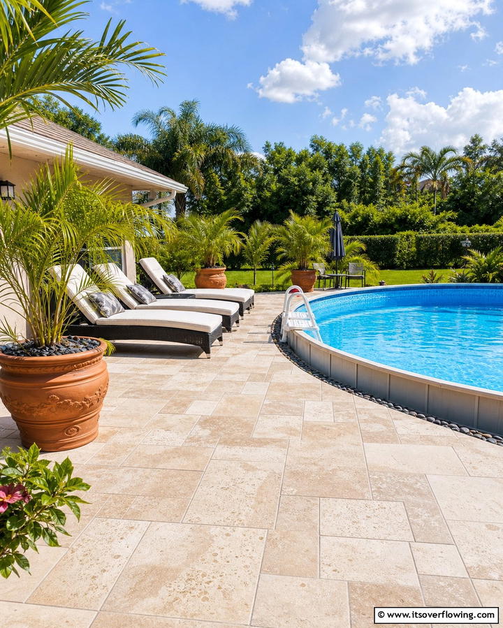 Poolside Lounge with Pavers - 25 Creative Above Ground Pool Ideas for Your Backyard
