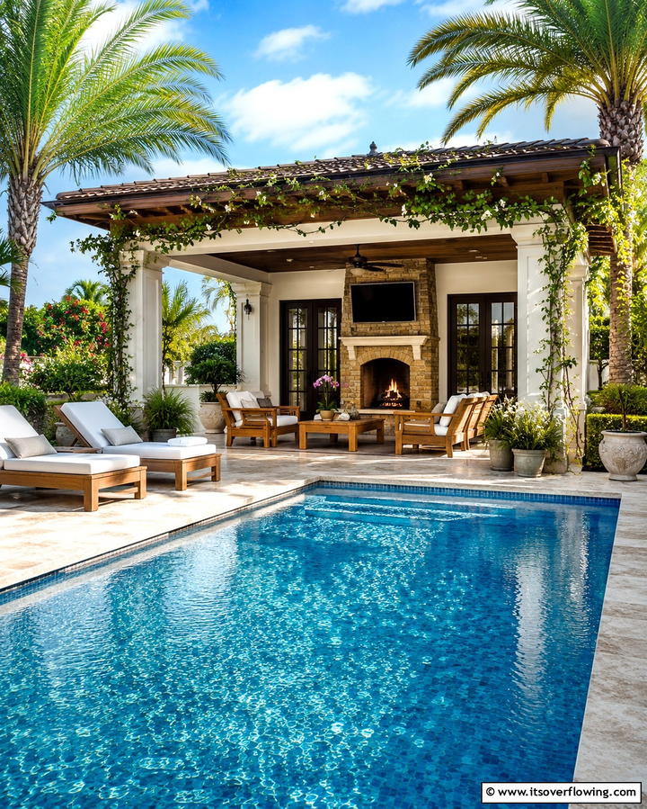 Poolside Pavilion with Fireplace - 25 Backyard Pavilion With Fireplace Ideas for Cozy Nights