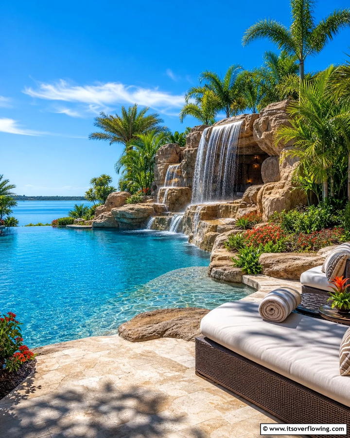 Poolside Waterfall for a Luxurious Touch - 25 Backyard Waterfall Ideas for a Tranquil Retreat