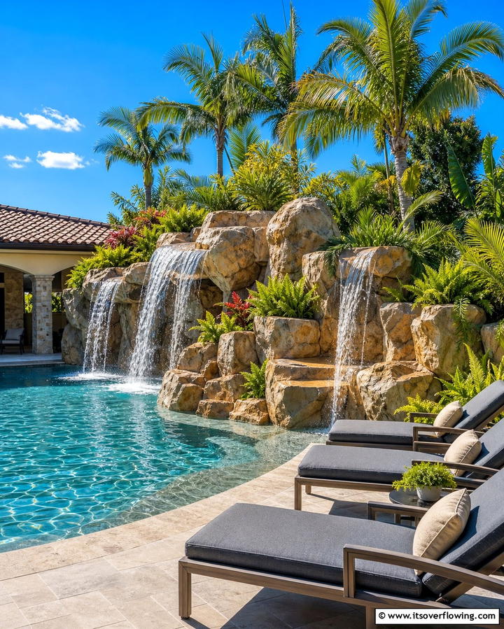 Poolside Waterfall - 25 Backyard Waterfall Ideas for a Tranquil Retreat