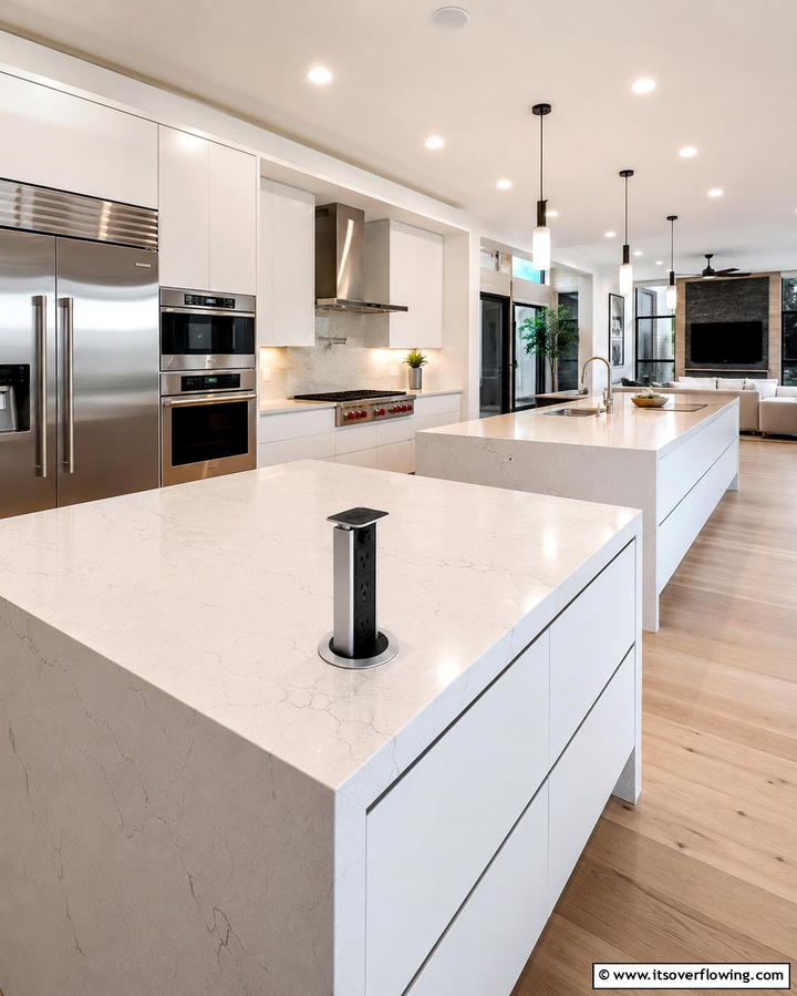 Pop Up Power Outlets - 25 Double Island Kitchen Ideas for Spacious Cooking