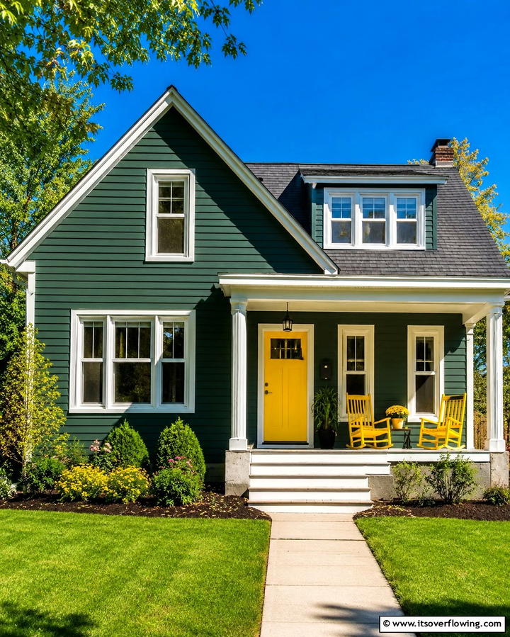 Pop of Bright Yellow - 30 Stunning Dark Green Exterior House Designs for Curb Appeal