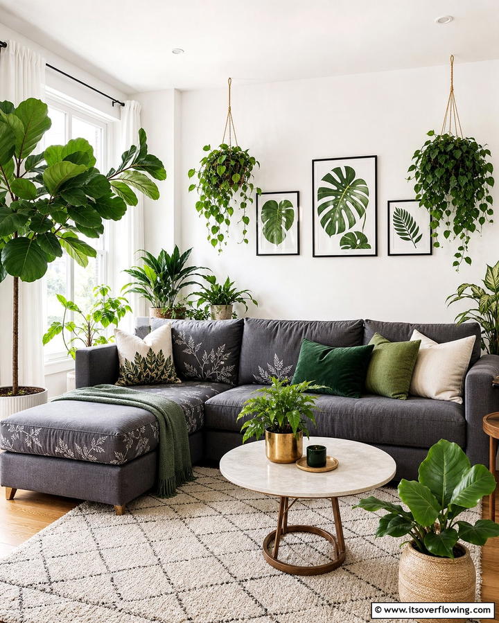 Pop of Greenery - 25 Grey Sectional Living Room Ideas for Modern Homes