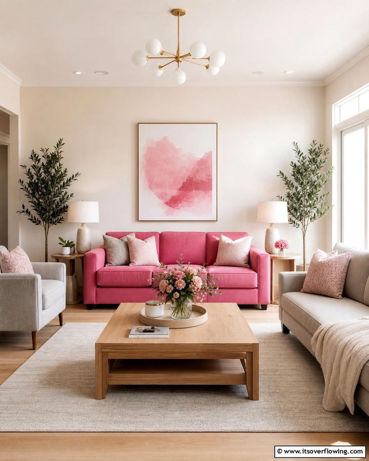 Pop of Pink in a Neutral Palette - 20 Pink Couch Living Room Ideas for a Bold Statement