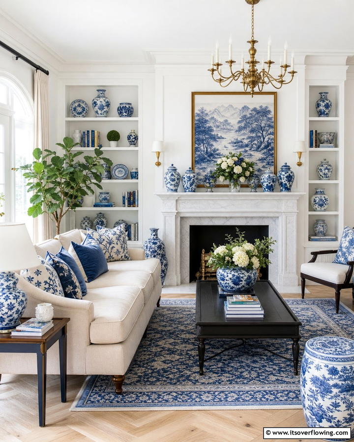 Porcelain Blue and White Accents - 20 Chinoiserie Living Room Ideas for Timeless Style