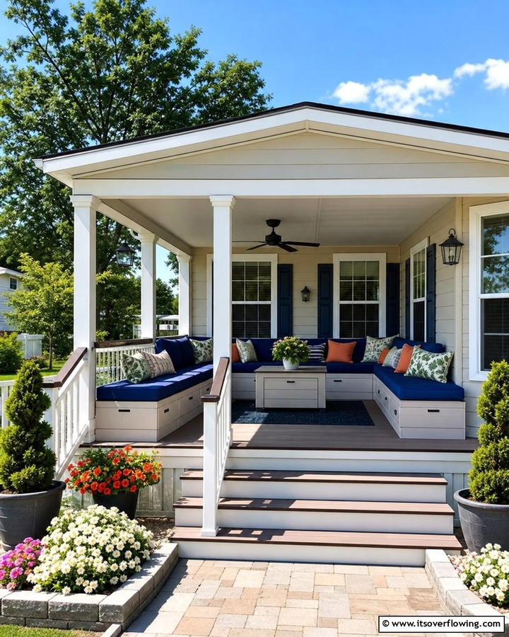Porch with Built In Seating for Convenience - 20 Mobile Home Porch Ideas to Boost Curb Appeal
